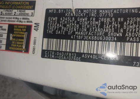 2011 Toyota Camry Le из США, поврежденный, VIN 4T1BF3EK6BU630034